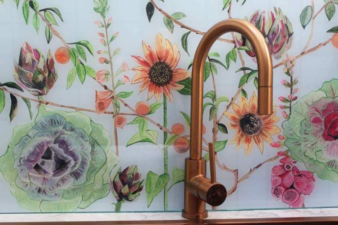 Potager-Garden-Splashback-Emma-Britton-with-sunflowers-apricot-foxgloves-artichokes-in-the-design